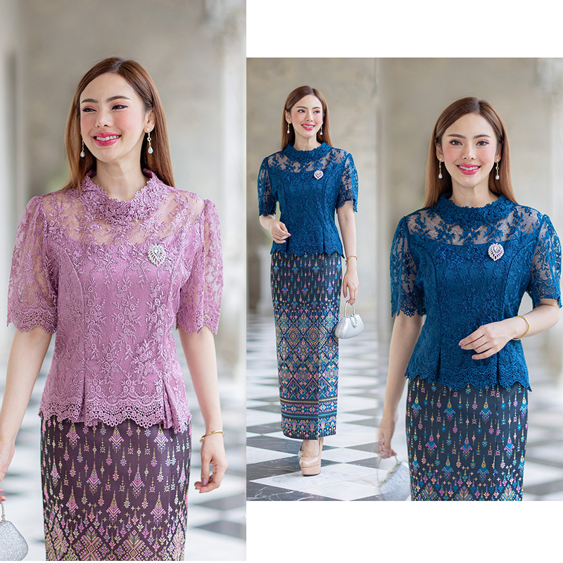 kudapy (เฉพาะเสื้อ) เสื้อลูกไม้สีน้ำตาล/สีขาว/สีม่วง/สีน้ำเงิน/สีเขียว/สีดำ เสื้อใช้ผ้าลูกไม้ใยบวบคอกลม แขนสั้น ลูกไม้แน่นทั้งตัว ตัวเสื้อมาพร้อมซับในเนื้อดีในตัว