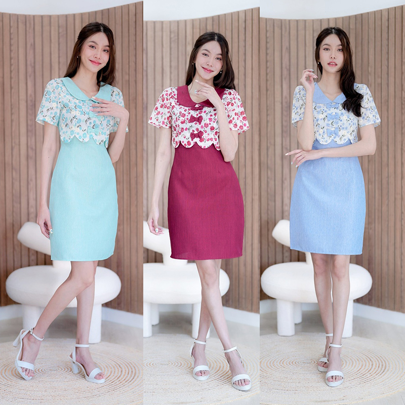 kudapy เดรสสั้นสีเขียว/สีแดง/สีฟ้า ผ้าทอแต่งโบว์ สวยใส่ออกงานดูดีน่ารักมากๆ