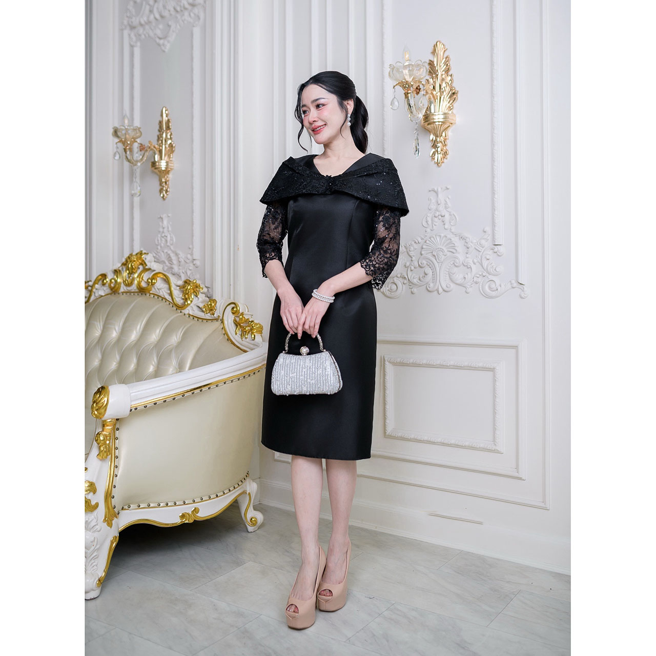 kudapy เดรสผ้าไหมโอบไหล่ งานผ้าสวยพรีเมี่ยมสุดๆ ลูกไม้คัดเกรดดอกสวยชัด