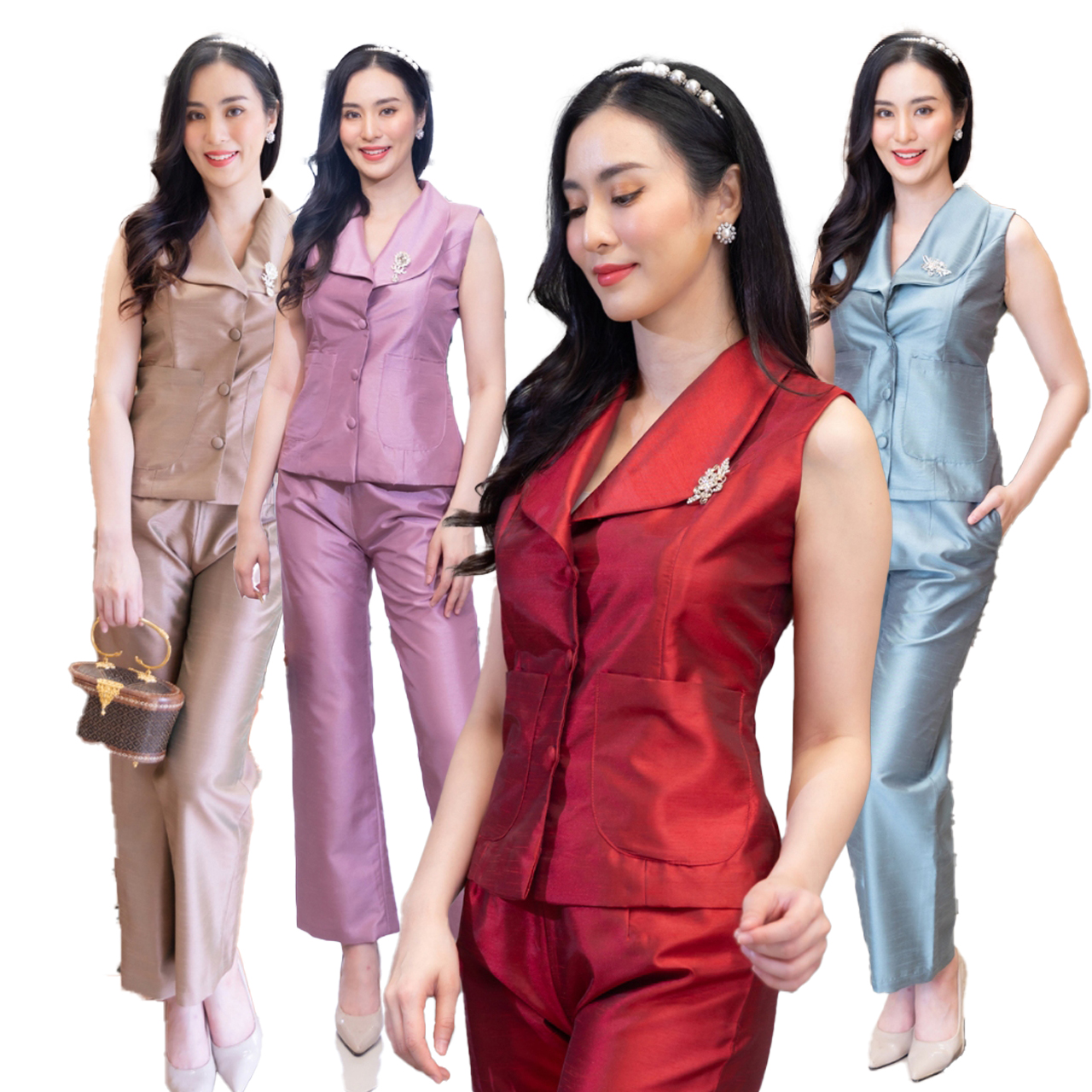 kudapy ชุดเซต เสื้อแขนกุด+กางเกง ผ้าไหมใส่ออกงาน สีแดง,สีชมพู,สีเทา,สีน้ำตาล
