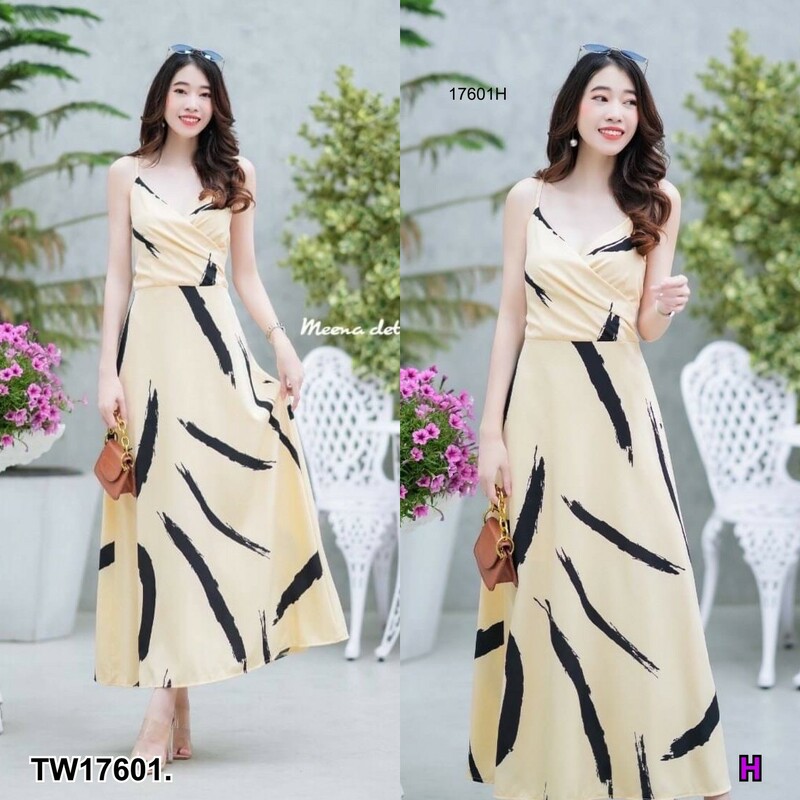kudapy Maxi dress สายเดี่ยวลายขนนกด้านหน้าแต่งไข้ว ด้านหลังผูกโบว์สายไข