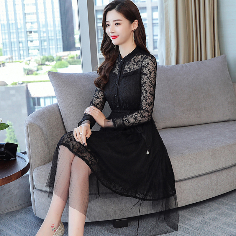 kudapy ชุดเดรสสั้น ผ้าลูกไม้สีดำ/สีครีม เดรสคอจีน แขนยาวผ้าลูกไม้นิ่มทิ้งตัวทรงสวยตามแบบ