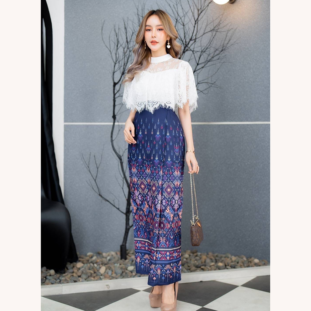 kudapy เซตเสื้อลูกไม้ขาว+ผ้าถุงลายไทยพิมพ์ลาย สีชมพู สีกรมท่า สีฟ้าน้ำทะเล สวยเรียบหรู ดูแพงมาก ดีไซส์น่ารักๆๆใส่ได้ทุกโอกาส