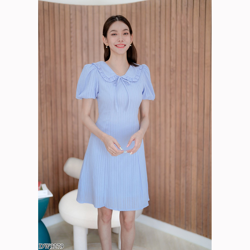 kudapy เดรสสั้นสีขาว/สีชมพู/สีฟ้า ผ้าทอแขนจั๊มผูกโบว์