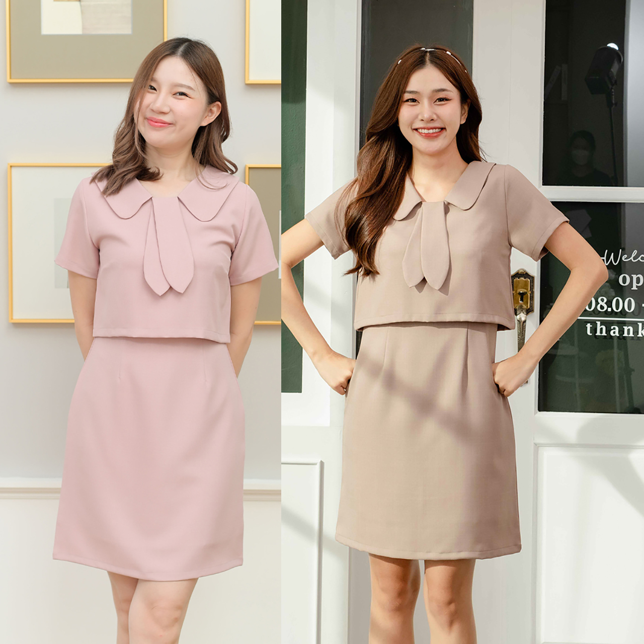 kudapy เดรสแขนสั้น คอปกแต่งหูกระต่าย แพทเทิร์นเหมือนใส่แยกชิ้น ช่วงกระโปรงทรงเอจับเกล็ดเข้าเอว