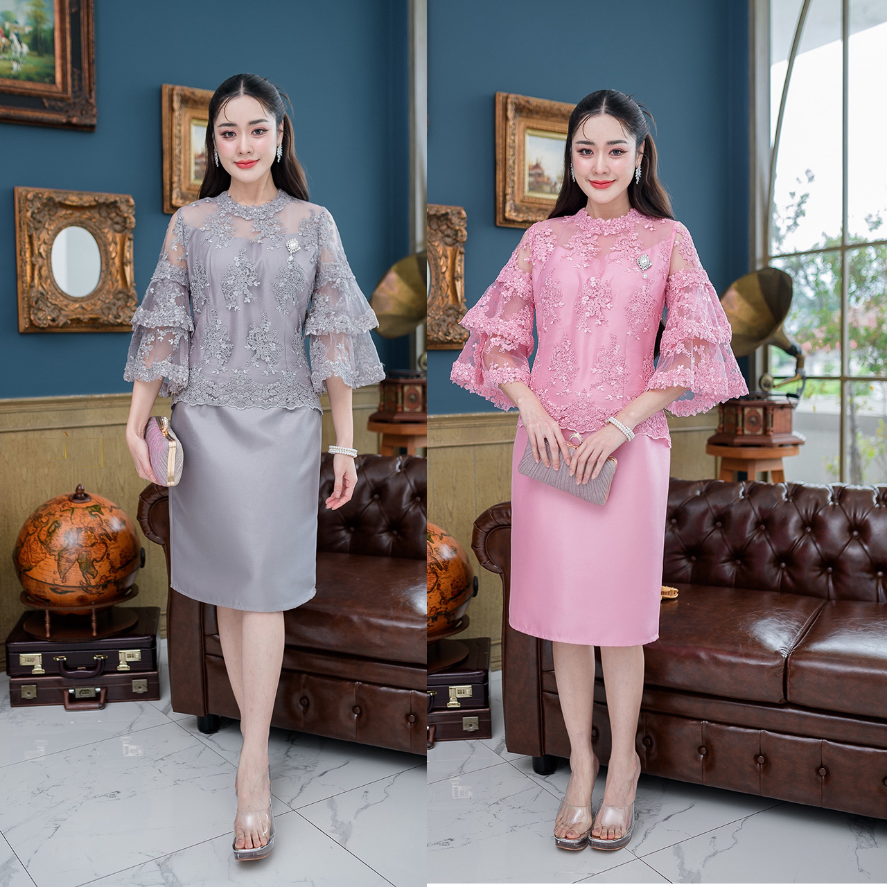 kudapy เดรสสั้นสีเทา/สีชมพู ผ้าไหมลูกไม้ ตัวเสื้อเป็นผ้าลูกไม้คอร์ดฝรั่งเศส ดีไซน์แขนได้สวยหรูหรา