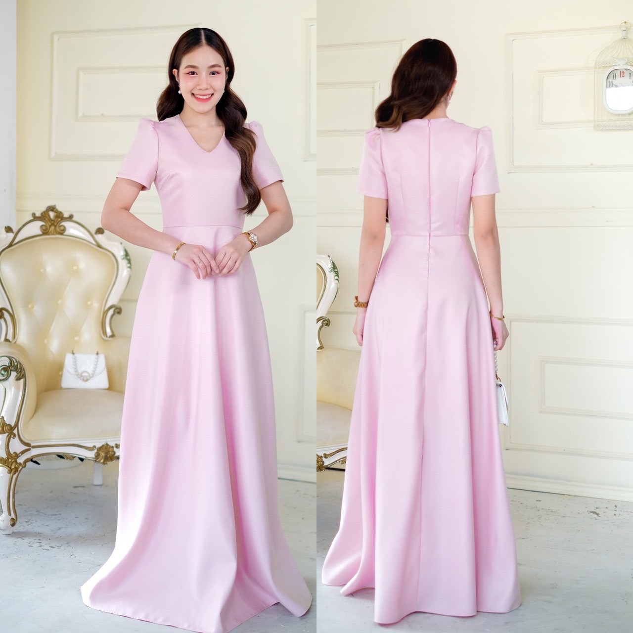 kudapy เดรสยาวสีขาว/สีชมพูพาสเทล/สีทอง แขนสั้น คอวี เกาหลีมากแม๊ คัตติ้งเริศแบบอลัง เข้ารูป เก็บทรง