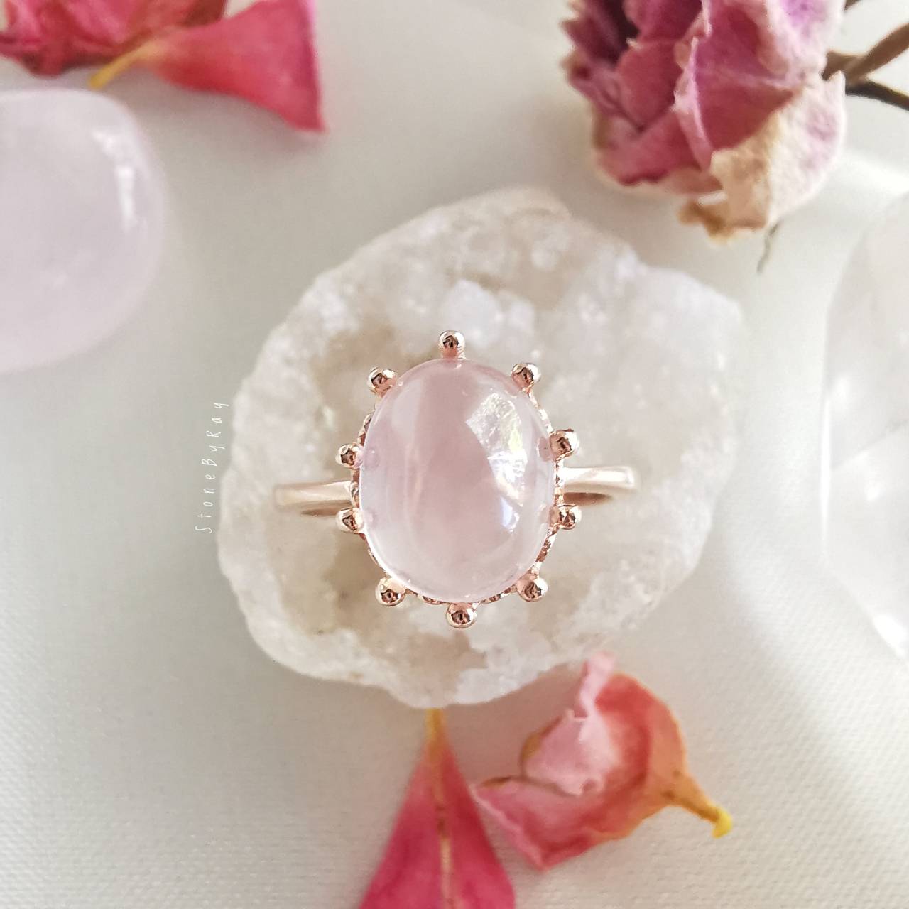 แหวนเงินชุบพิ้งโกล์ดหินโรสควอตซ์ Rose Quartz