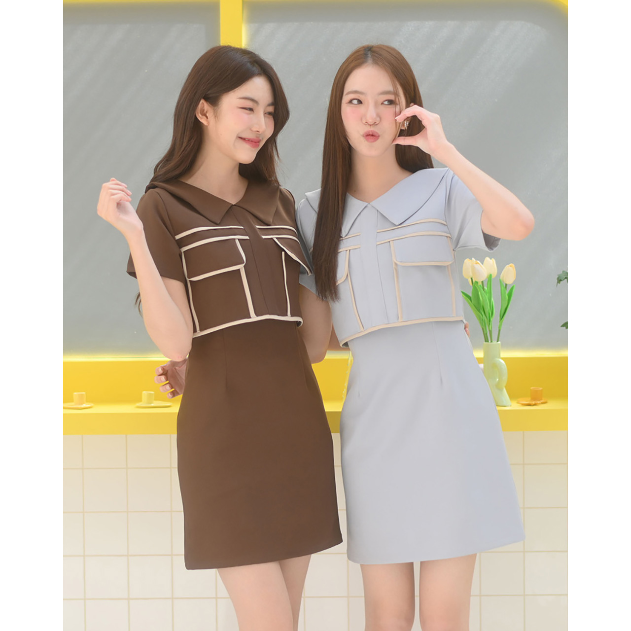 kudapy เดรสแขนสั้นคอปก กิมมิคแต่งกุ๊นสีด้านหน้า แต่งกุ๊นขอบฝากระเป๋า เว้นสาบกลาง มีกระเป๋าอกใส่ของได้จริง