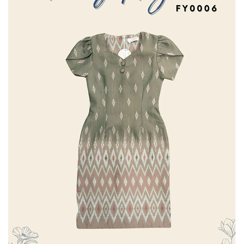 kudapy เดรสสั้นสีฟ้า/สีครีม/สีชมพู ผ้าทอแขนกลีบบัว ผ้าลายไทย ใส่ออกงานสวยดูดี