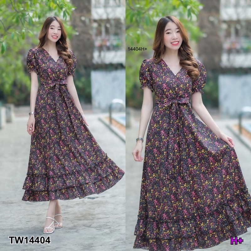 kudapy เดรสยาวสีดำ/สีน้ำตาล/สีเหลือง แขนตุ๊กตา คอวี ผูกโบว์เอว ชายเดรส2ชั้นแต่งระบายๆ