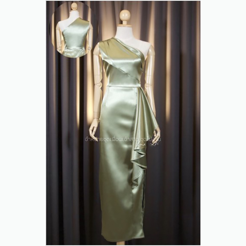 kudapy เดรสยาวออกงานสีแดงไวน์/สีครีมทอง/สีเขียวอมเทา/สีแดง บ่าเดี่ยว อกประกอบห้าชิ้น จีบสะโพก ผ่าข้าง เนื้อผ้า duchess อัดกาว เงาหนาเก็บทรง