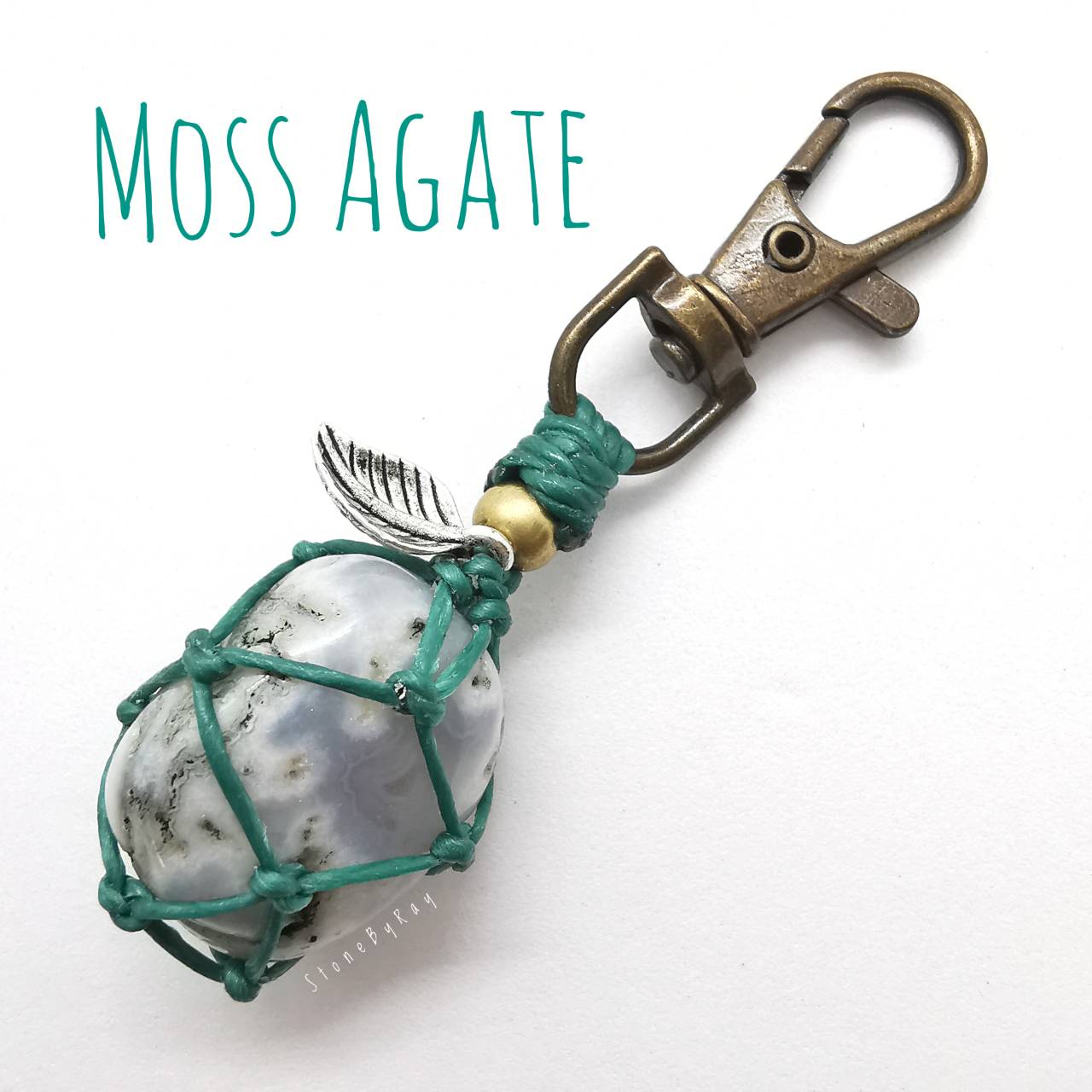 พวงกุญแจเชือกถักหินมอสอาเกต Moss Agate