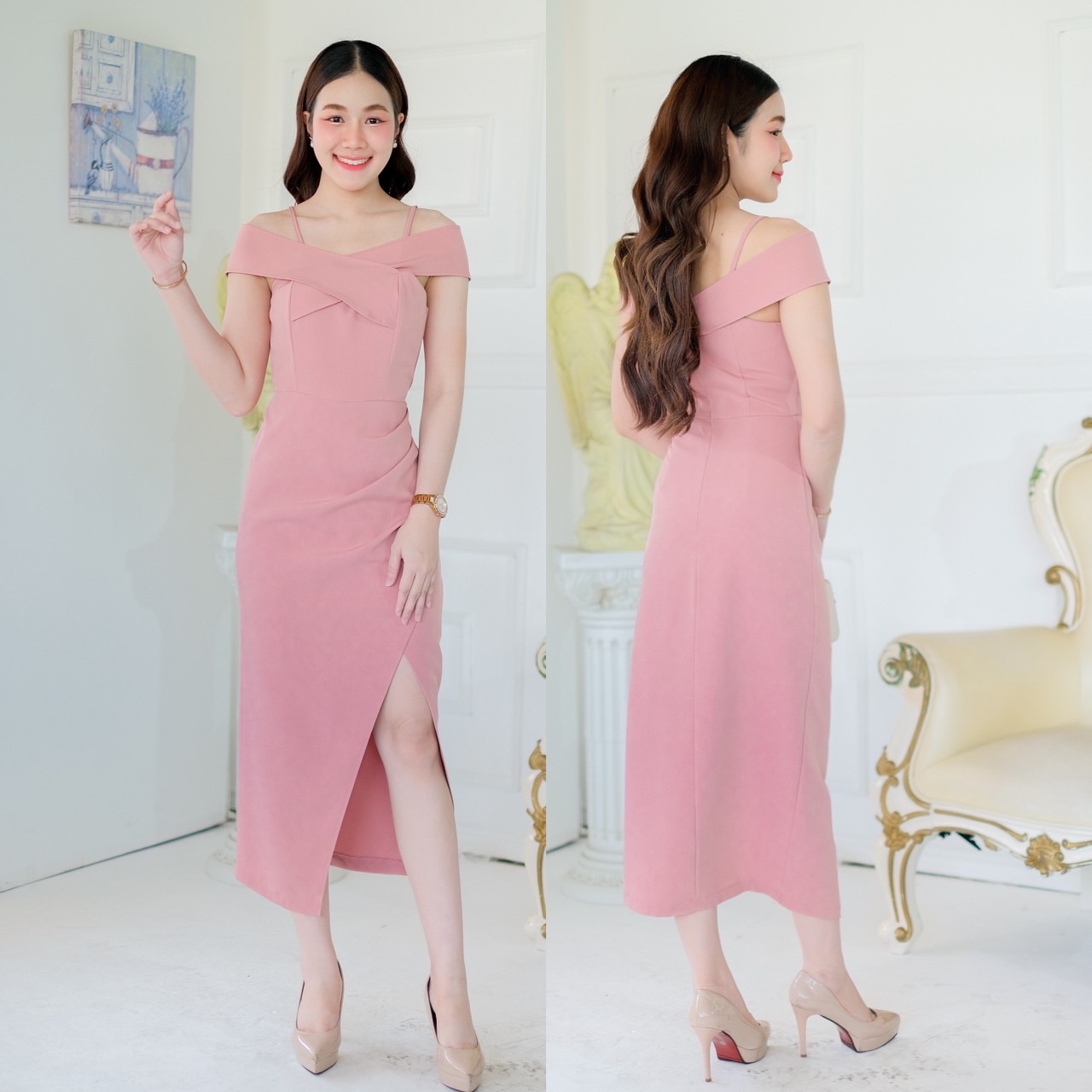 kudapy เดรสยาวสีชมพูอ่อน/ชมพูเข้ม/ครีมนู๊ด/ฟ้าเบบี้บล เปิดบ่า ทรงสอบ มีสายเดี่ยว ใส่แล้วผอม กระโปรงสอบทรงทิวลิป ยาวครึ่งแข้