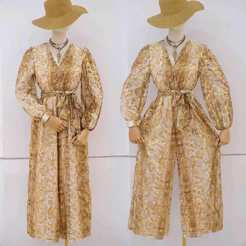 kudapy จั้มสูทขายาวสีทอง ลายงูแซ่บๆจ้า เอวยางยืดใส่ง่ายๆ งานดีซิบหลัง