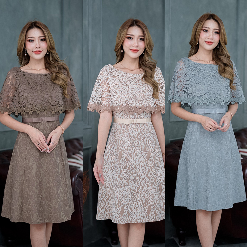 kudapy เดรสสั้นสีทูโทน/ชมพู/น้ำตาล/ทอง/เทา ผ้าลูกไม้อัดกาว ทรงจะสวยได้รูปไม่นิ่มไม่ย้วยจนเกินไป ด้วยผ้าลูกไม้คลุมไหล่