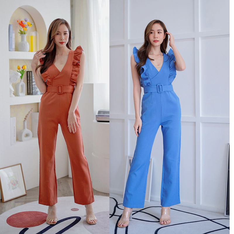 kudapy จั้มสูทขายาวสีฟ้า/สีน้ำตาล ระบายอก แต่งเข๊มขัดสวยดูดี ใส่สบาย