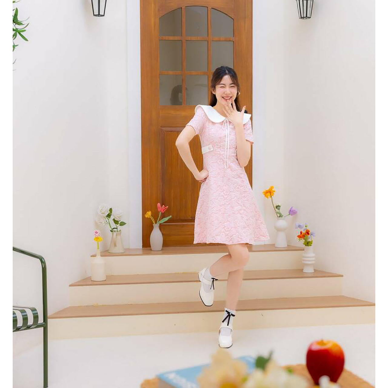 kudapy เดรสสั้นสีชมพู สีน้ำตาล สีฟ้า คอปกแจคกาดคาดเอว