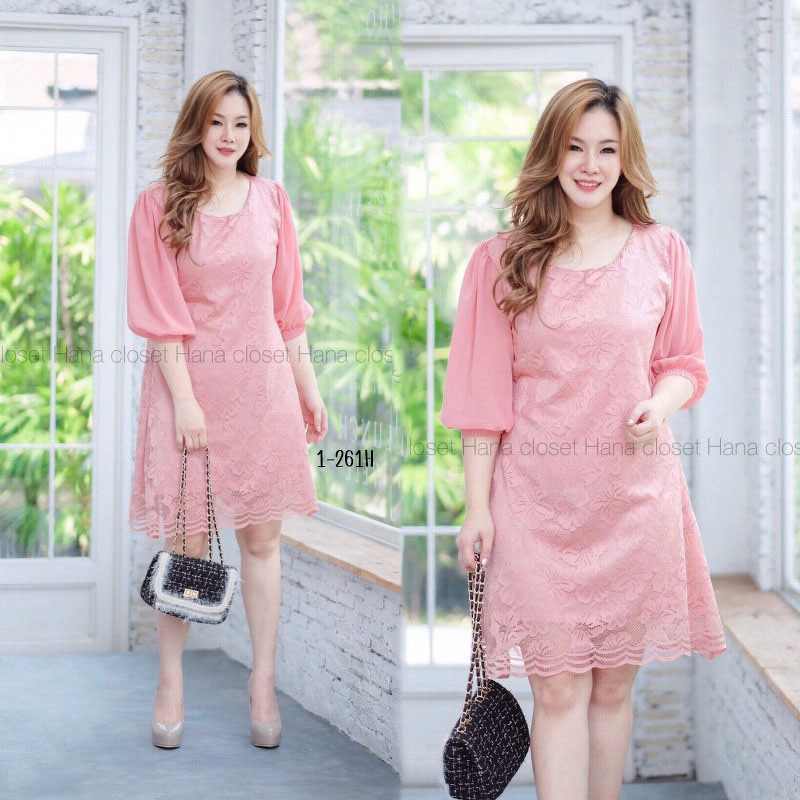 kudapy เดรสสั้นผ้าลูกไม้คอกลม แขนชีฟร็องสามส่วน ทรงเอ ผ้าลูกไม้เนื้อนิ่ม ใส่สบาย มีซับทั้งชุด