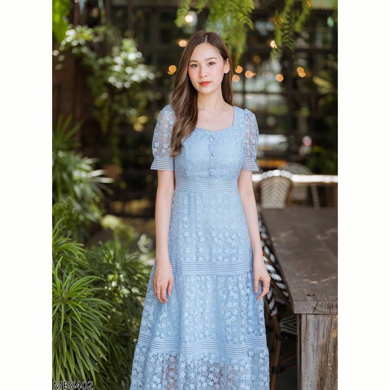 kudapy เดรสยาว สีฟ้า สีครีม สีชมพู เเดรสยาวคลุมเข่าลูกไม้ออกงานแขนตุ๊กตา สวยดูดีน่ารักมากๆ