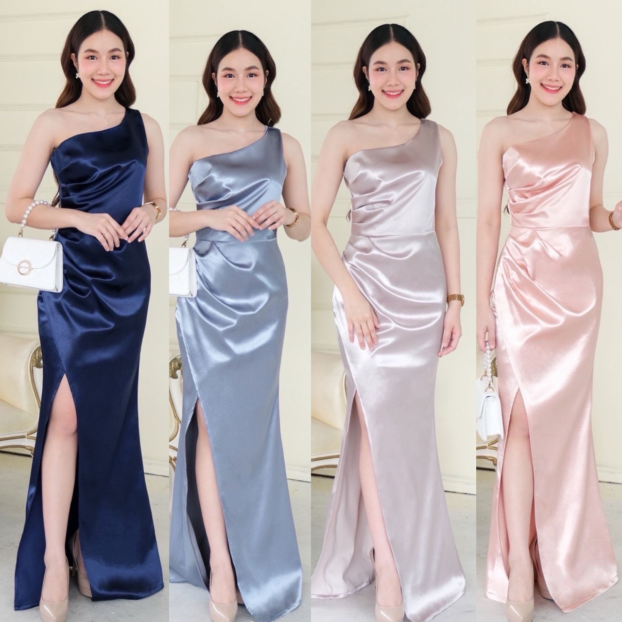 kudapy เดรสยาว บ่าเดี่ยวจับจีบช่วงเอว ผ่ากระโปรงสาบทบหน้า ผ่าข้างเดินโชว์ขา