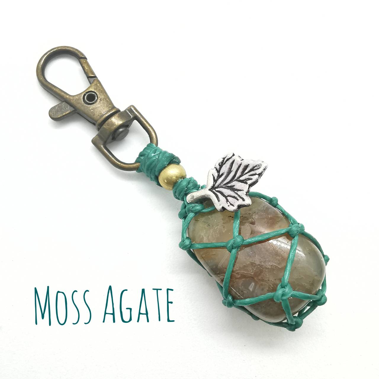 พวงกุญแจเชือกถักหินมอสอาเกต Moss Agate