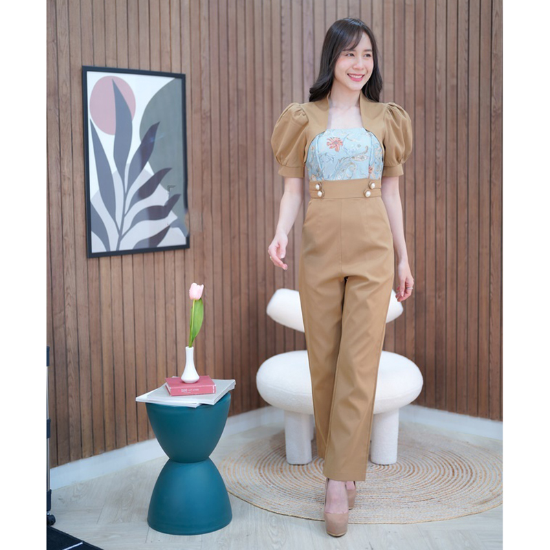 kudapy จั๊มสูทขายาวสีชมพู/สีน้ำตาล อกผ้าทอสวยดูดีใส่ออกงานน่ารักมากๆ