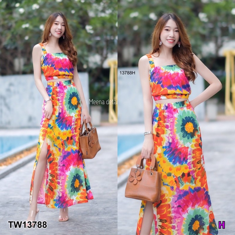 kudapy Set เสื้อสายเดี่ยวจั๊มเอว+กระโปรงผ่าข้าง ลายมัดย้อม ชุดเที่ยวทะเล