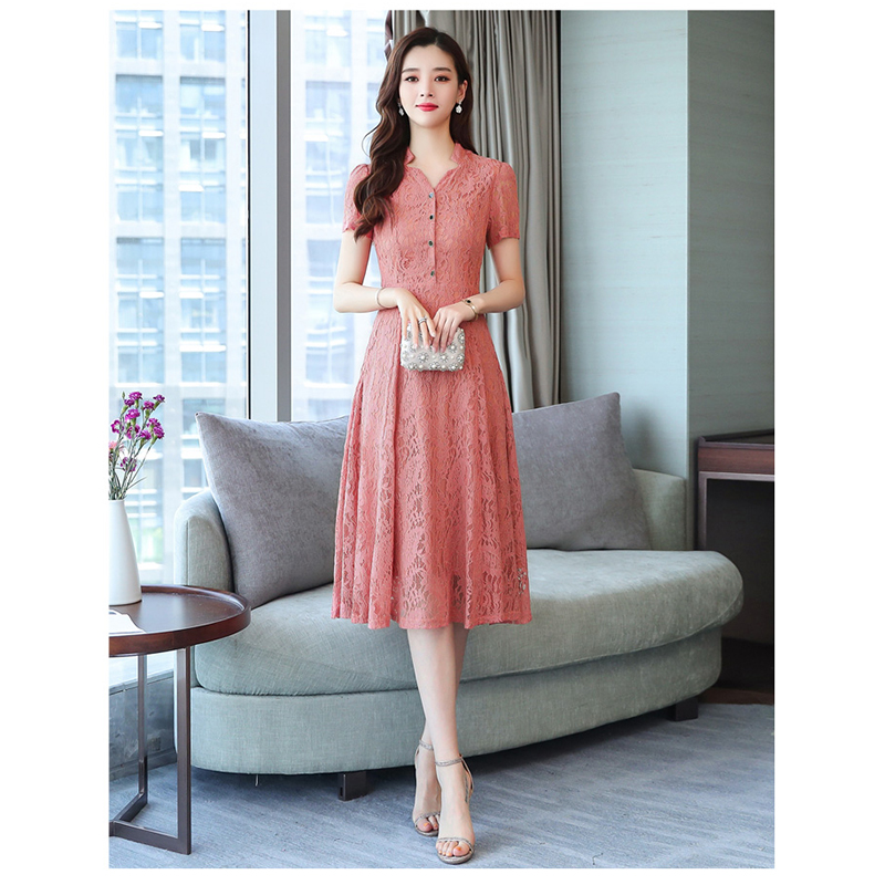 kudapy เดรสสั้นสีส้มอิฐ ผ้าลูกไม้ ยืดหยุ่นได้ แขนสั้น 2XL