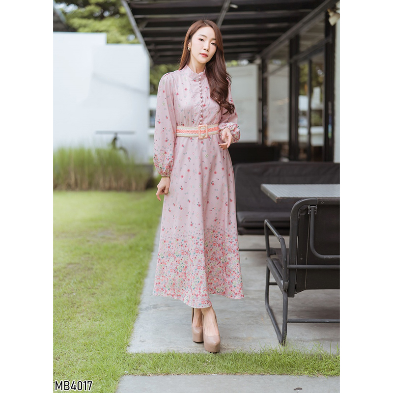 kudapy เดรสยาวสีขาว/ชมพู แขนยาวกระดุมหน้าใส่สบายสวยดูดี