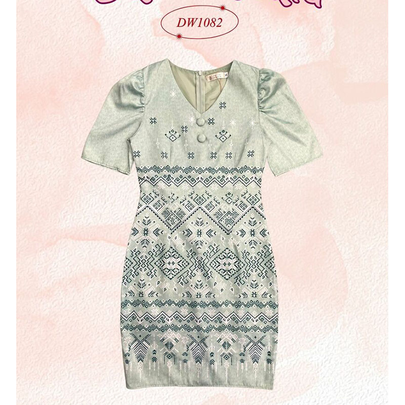 kudapy เดรสสั้นสีชมพู/สีเขียว ลายไทยแขนชีฟอง ใส่ออกงาน ใส่ทำงาน สวยดูดีเรียบร้อย