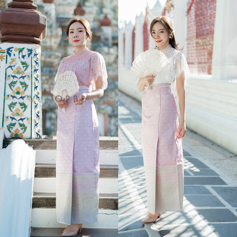 kudapy ชุดไทยประยุกต์สีขาว/สีชมพู งานสวยหรู ดูแพงมากๆ เสื้อลูกไม้แต่งระบายแขนสั้น ระบายรอบตัว ผ้าลูกไม้เนื้อดีมากๆ
