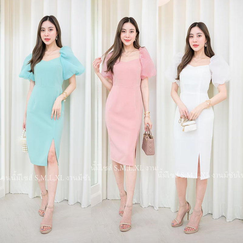 kudapy เดรสสั้นสีมิ้น/สีขาว/สีชมพู ทรงเอแต่งแขนพองตุ๊กตา งานน่ารักๆ เรียบหรู ใส่ออกงาน ใส่ทำงาน รุ่นนี้ตอบโจทย์สุดๆ