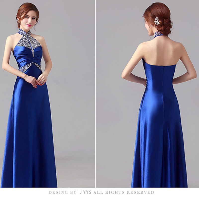 kudapy ชุดราตรียาวสีน้ำเงิน/เขียวมรกต คล้องคอ ปักเลื่อมเน้นช่วงเอว และปกคอจีน