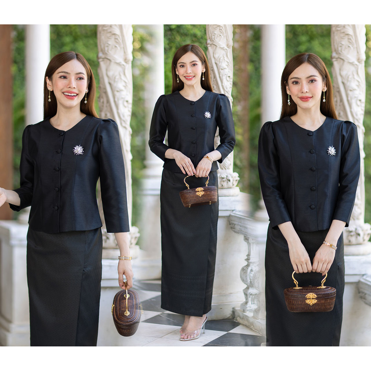 kudapy เสื้อผ้าไหม4เส้น สีน้ำตาล/สีดำ/สีแดง/สีขาว ใส่แล้วขับผิว ดูดีมีออร่า เนื้อผ้าทอสวย เนื้อเบาสบาย ใส่สบายผิว มีลายเส้นในตัว (เฉพาะเสื้อ)