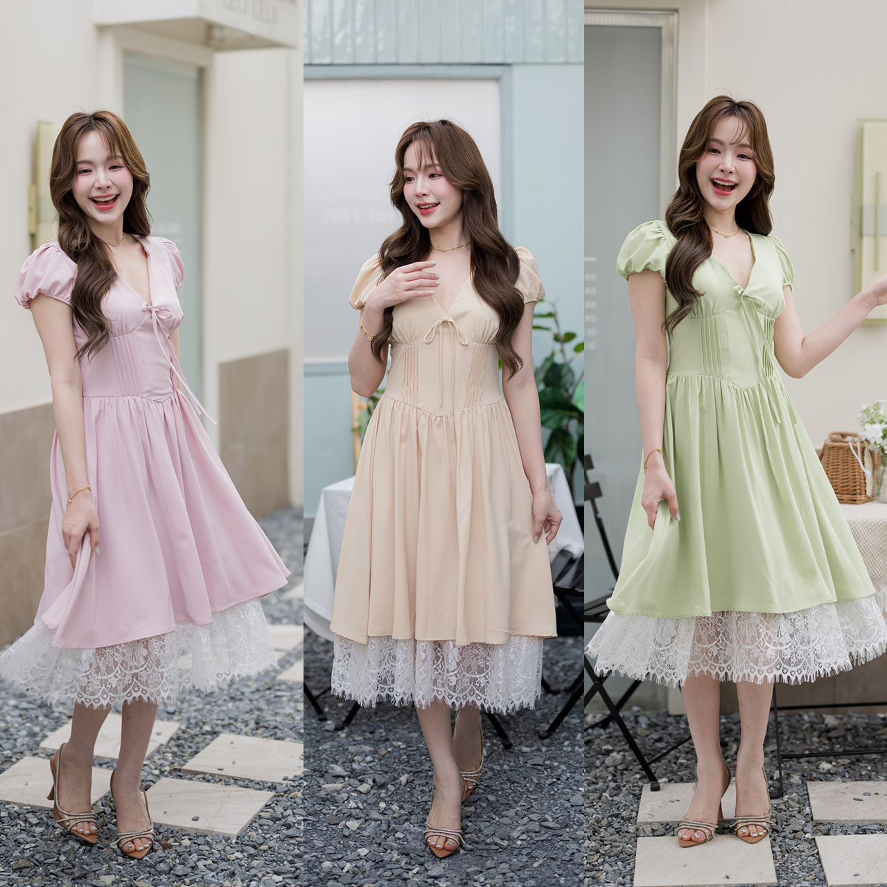 kudapy เดรสพาสเทลสไตล์เกาหลีกลิ่นอายความอบอุ่นแบบสาวโซลในวันสบาย ๆ คัตติ้งสวยตัวเดรสเป็นทรงคอร์เซ็ตช่วงลำตัว ดีไซน์จับจีบช่วงเอวให้ดูมีเชฟ