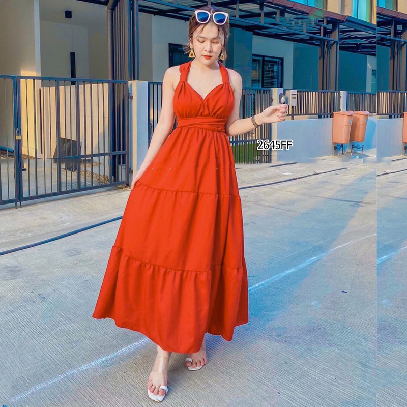 kudapy แม็กซี่เดรสสีขาว ส้มอิฐ แดง เทา เหลือง ชมพู คล้องคอผูกโบว์ ผ้าโฟร์เวย์สีพื้น เอวสม็อคหลัง งานสวยสวิงพริ้วๆ