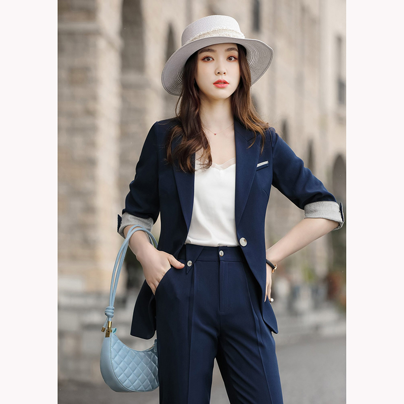 kudapy ชุดสูททำงานผู้หญิงสีกรมเข้มแขนห้าส่วนพร้อมกางเกงแปดส่วน