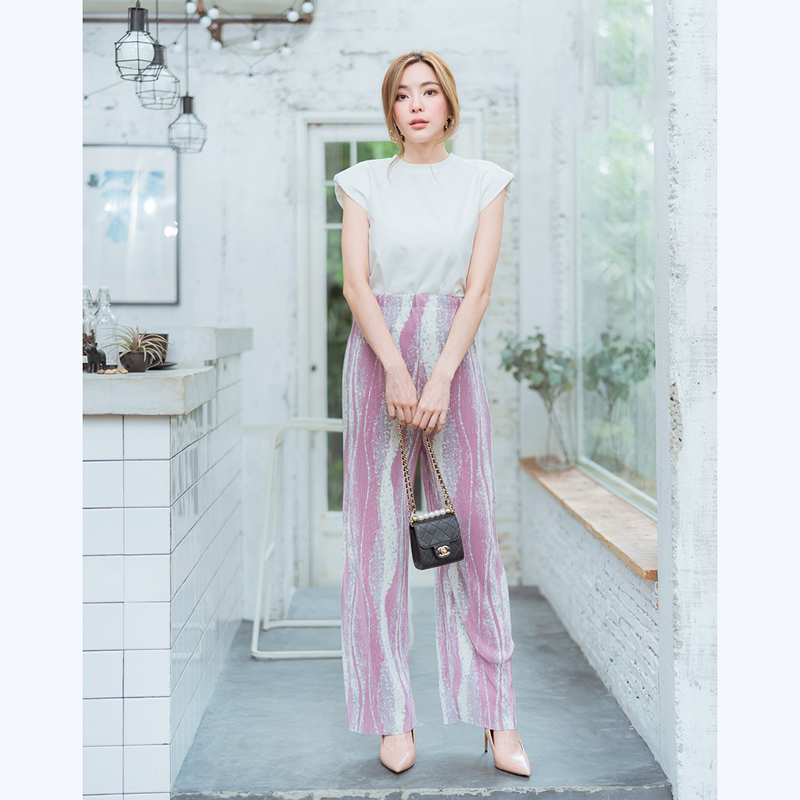 kudapy เซทเสื้อ+กางเกงอัดพีชลายคลื่นสีเขียว,ดำ,ฟ้า,ชมพู สวยดูดีใส่สบายน่ารัก