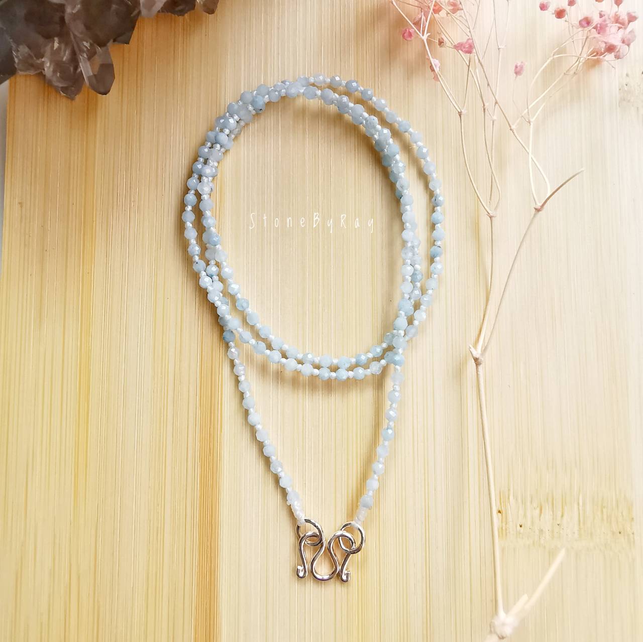 สร้อยคอเชือกถักหินอความารีนเจียรเหลี่ยม Aquamarine