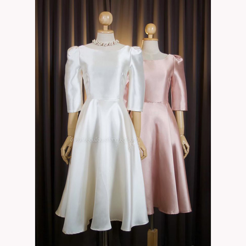 kudapy เดรสสั้นใส่ออกงานสีชมพู,สีเขียวเข้ม,สีดำ,สีน้ำเงินกรมท่า,สีเทาเงิน ทรงยกไหล่พอง แขนสาม ดีเทลจับจีบหัวไหล่