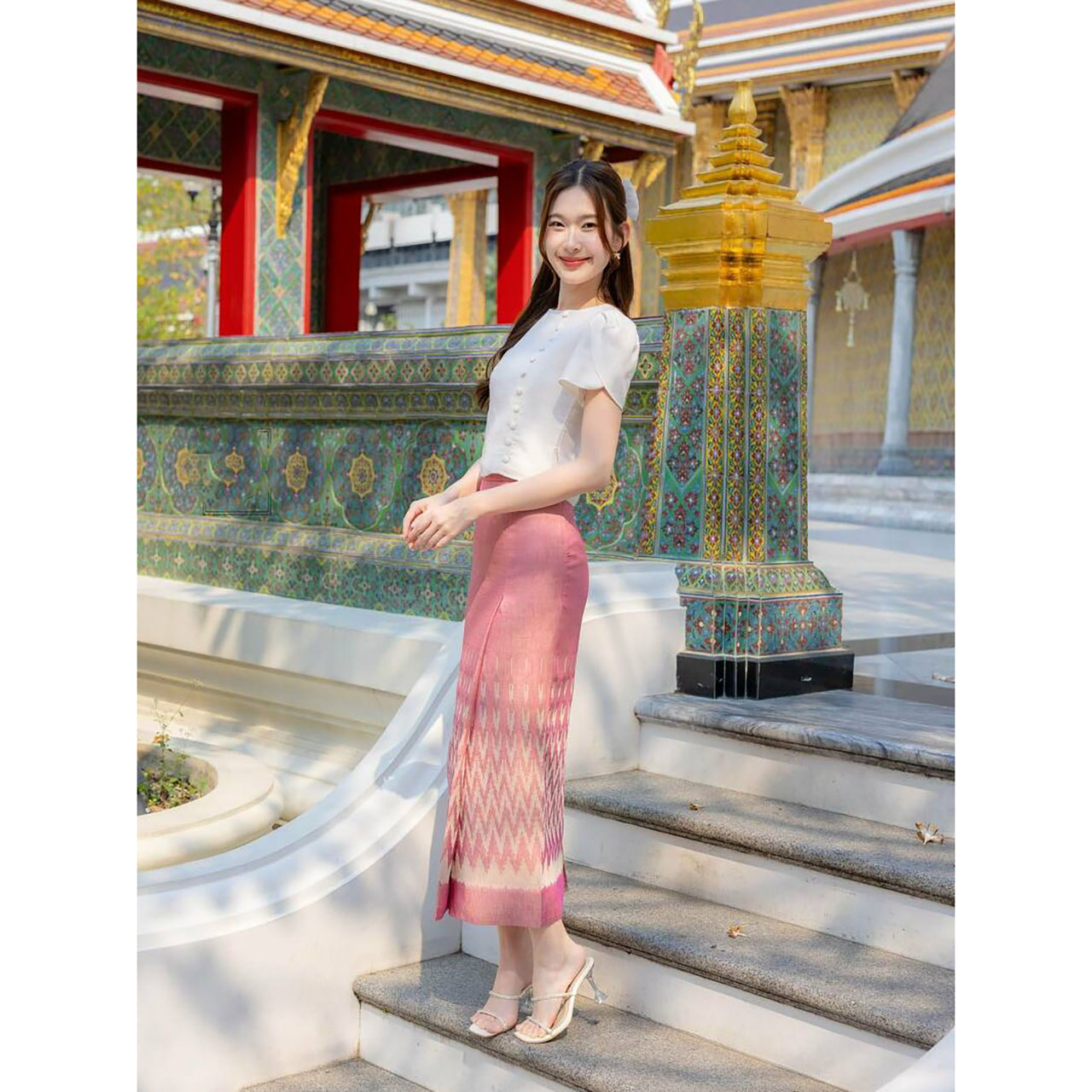 kudapy เซ็ทลิซ่าผ้าถุงลายไทยสีเทา/สีชมพู ใส่ออกงาน ใส่ไปวัด งานบุญ สวยดูดี
