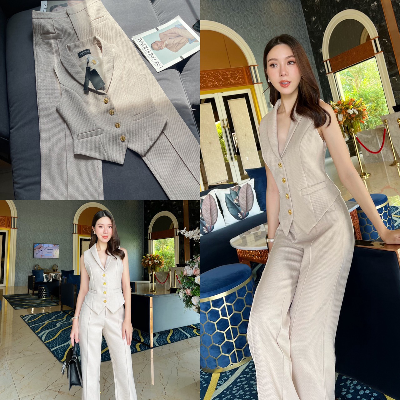 kudapy เซ็ทเสื้อแขนกุดเข้ารูปมาพร้อมกับกางเกงขายาว ตัวเสื้อแต่งกระดุมจริงสีทองปลายทรงแหลม กางเกงใช้ผ้าเดียวกับเสื้อ