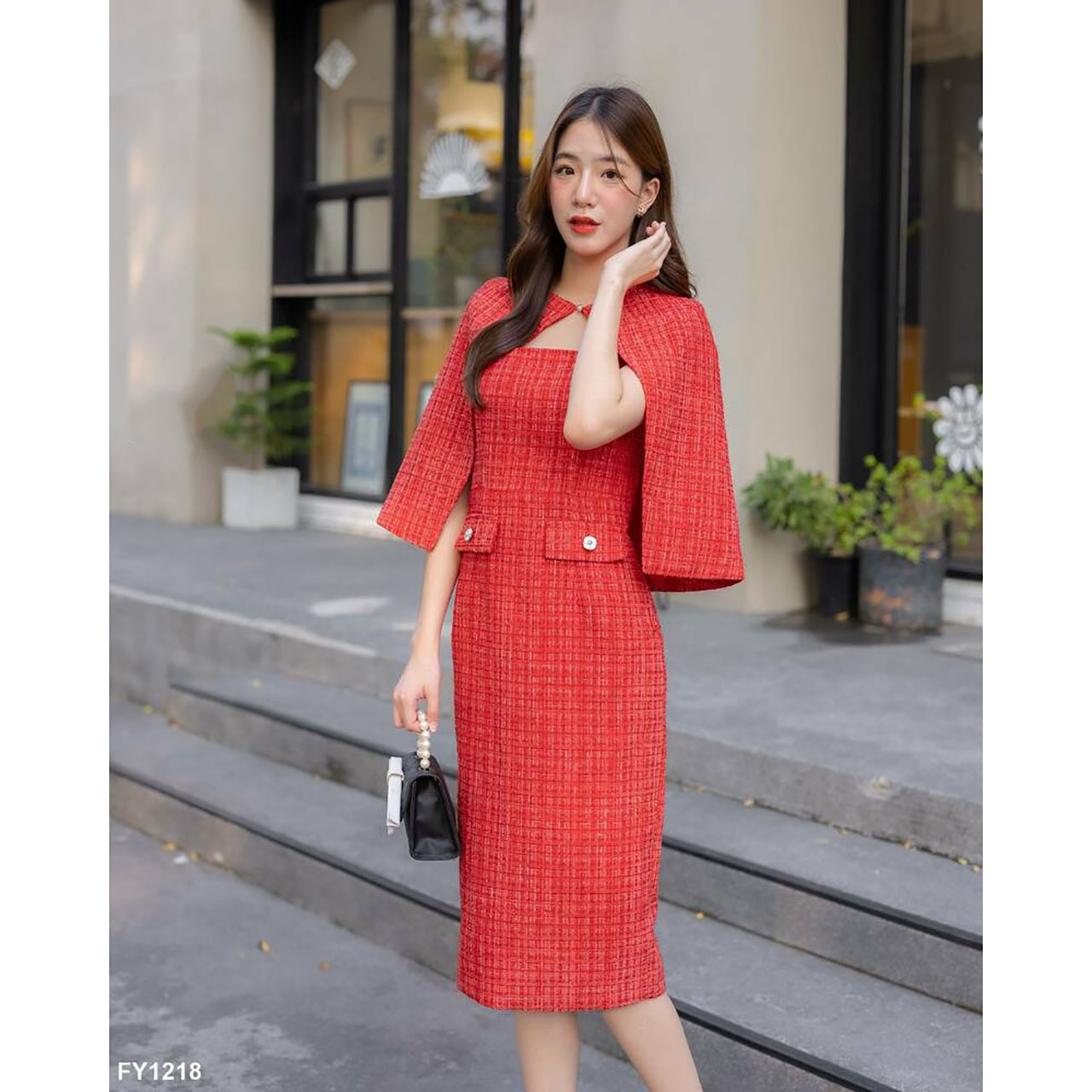 kudapy เดรสสั้น ผ้าทวิต ออกงานพร้อมเสื้อคลุมไหล่ ใส่สวย ดูดี