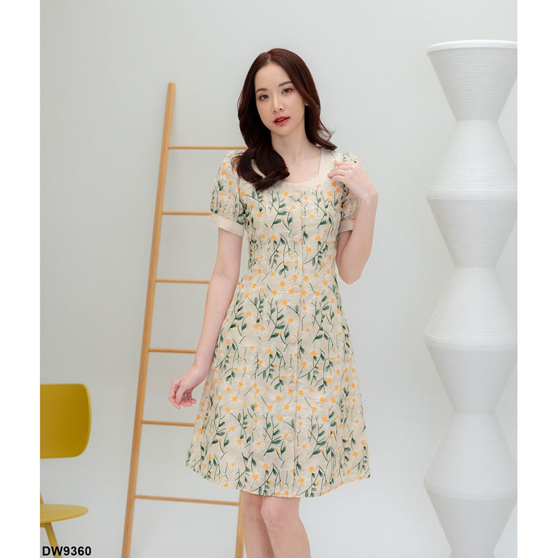 kudapy เดรสสั้นสีเขียว/สีชมพู/สีครีม กระดุมหน้าดอกเดซี่ ใส่ทำงาน ออกงานสวยดูดี