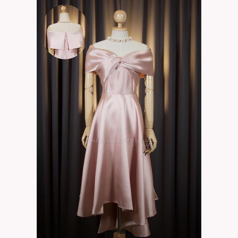 kudapy เดรสหน้าสั้นหลังยาวสีเขียว ทอง เทา ชม กรม แดง โรสโกล ขาว เปิดบ่าTwistอกใหญ่ ปิดพรางซ้อนแขน แบบอลังๆ แต่ไม่เวอร์วัง กระโปรงทรงหน้าสั้นหลังยาว