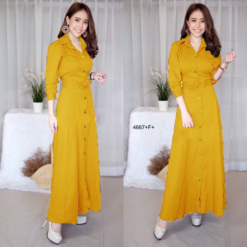 kudapy Maxi Dress แม็กซี่เดรสเชิ้ตแขนยาว สีพื้น งานเชิ้ตแต่งคอปกกระดุมช่วงหน้ายาวข้างเอวเย็บติดสายผูกเอว