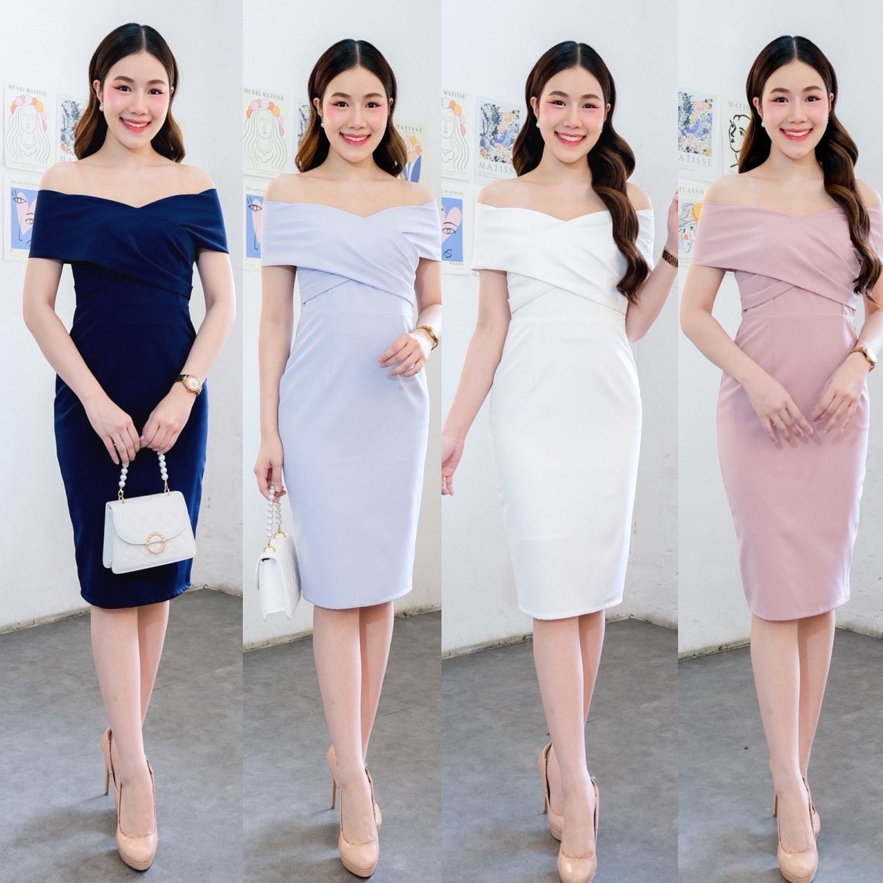 kudapy เดรสเปิดบ่าแถบใหญ่ จับจีบข้างอก กระโปรงสอบ ผ่าหลัง เรียบแต่เก๋ ใส่ง่าย