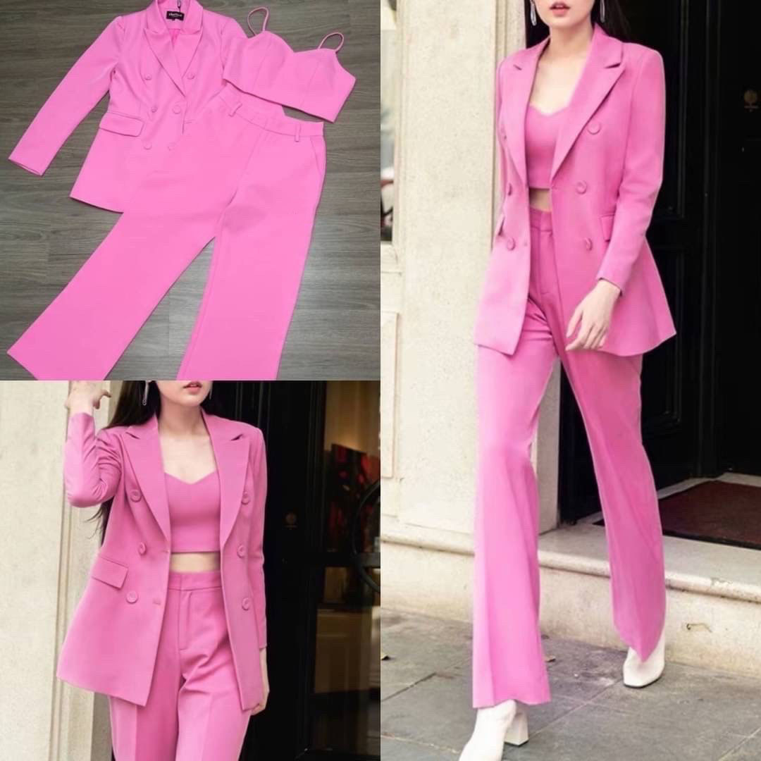 kudapy เซทเสื้อสูท+กางเกง+ครอปสั้นมีฟองน้ำในตัว ตัวเสื้อให้ยาวคลุมสะโพก ทำให้ดูผอม ทรงโอเวอร์ไซส์ กางเกงทรงกระบอกใหญ่ ซิปตะขอหน้า