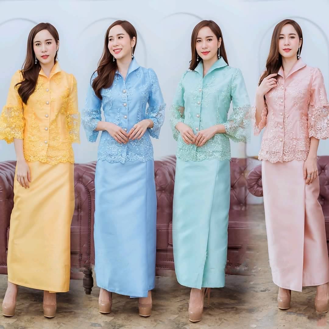 kudapy ชุดเซตไปงาน เซตลูกไม้คอปกตั้งสีชมพูโรสโกลด์/สีเขียวมิ้นท์/สีเหลือง/สีฟ้า เซตเสื้อลูกไม้แขนกระดิ่ง+กระโปรงผ้าไหมอิตาลี มีซับใน ซิบหลัง